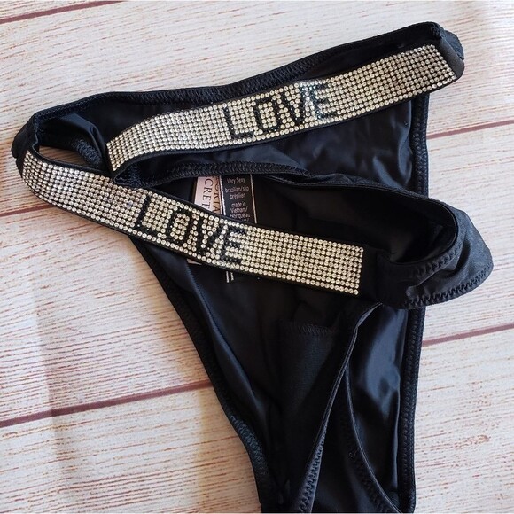 Victoria's Secret "LOVE" Rhinestone Shine Strap Brazilian Panty Black Medium - Picture 5 of 7